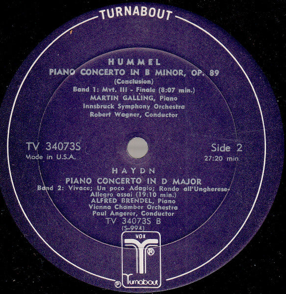 Johann Nepomuk Hummel, Joseph Haydn, Martin Galling, Robert Wagner (4), Alfred Brendel, Paul Angerer : Piano Concerto In B Minor, Op. 89 · Piano Concerto In D Major (LP, Comp, RE)