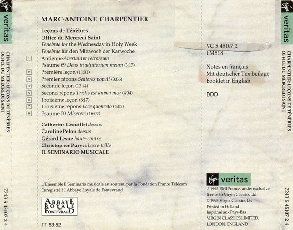 Marc Antoine Charpentier - Il Seminario Musicale, Gérard Lesne, Catherine Greuillet, Caroline Pelon, Christopher Purves : Leçons De Ténèbres - Office Du Mercredi Saint (CD)