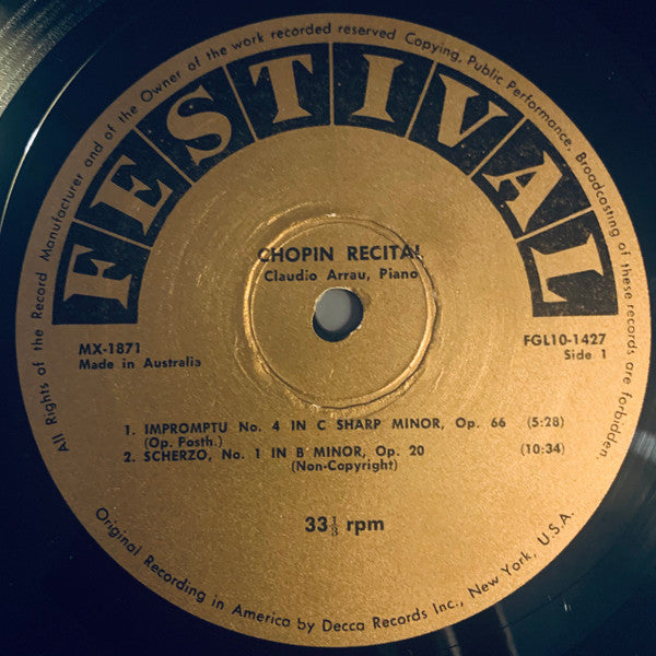Claudio Arrau : Chopin Recital (10", Mono)