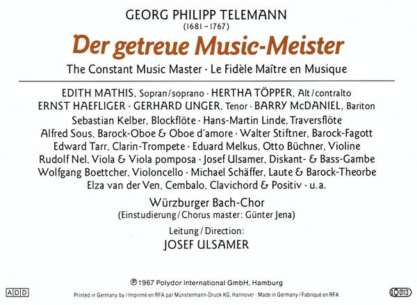 Georg Philipp Telemann - Edith Mathis, Hertha Töpper, Ernst Haefliger, Barry McDaniel, Gerhard Unger, Barry McDaniel, Sebastian Kelber, Hans-Martin Linde, Edward H. Tarr, Eduard Melkus, Josef Ulsamer : Der Getreue Music-Meister (4xCD, Album, RE, RM + Box)