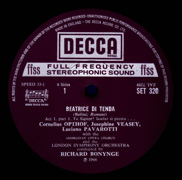 Bellini* / Sutherland*, Veasey*, Pavarotti*, Opthof* / London Symphony*, Bonynge* : Beatrice Di Tenda (3xLP, Album, RP + Box)