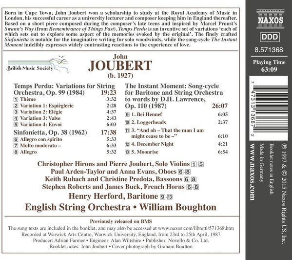 John Joubert - Henry Herford, English String Orchestra, William Boughton : The Instant Moment, Temps Perdu, Sinfonietta (CD, Album, RE)