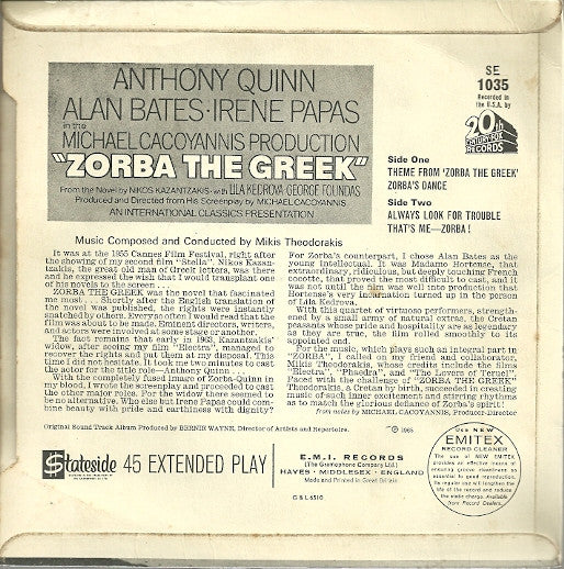 Mikis Theodorakis : Zorba The Greek - Original Soundtrack (7", EP, Mono)