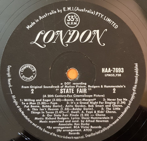 Pat Boone / Bobby Darin / Pamela Tiffin / Ann Margret / Tom Ewell / Alice Faye : Rodgers And Hammerstein's State Fair (LP, Album, Mono)