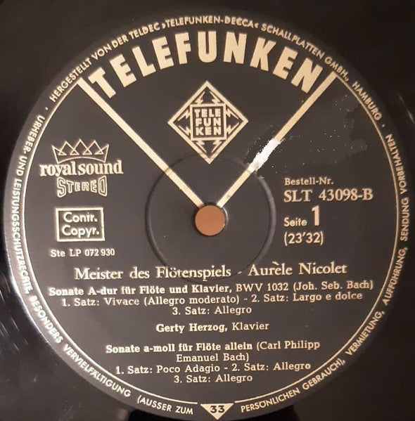 Aurèle Nicolet, Gerty Herzog*, Johann Sebastian Bach, Carl Philipp Emanuel Bach, Francis Poulenc, Frank Martin (3), Olivier Messiaen : Meister Des Flötenspiels (LP)