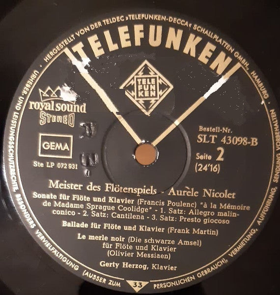 Aurèle Nicolet, Gerty Herzog*, Johann Sebastian Bach, Carl Philipp Emanuel Bach, Francis Poulenc, Frank Martin (3), Olivier Messiaen : Meister Des Flötenspiels (LP)