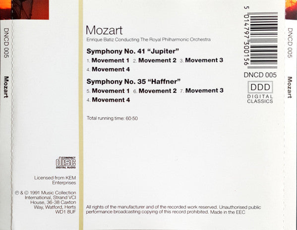 Wolfgang Amadeus Mozart, Enrique Batiz, Royal Philharmonic Orchestra : Symphony No. 41 "Jupiter" & Symphony No. 35 "Haffner" (CD, Album)