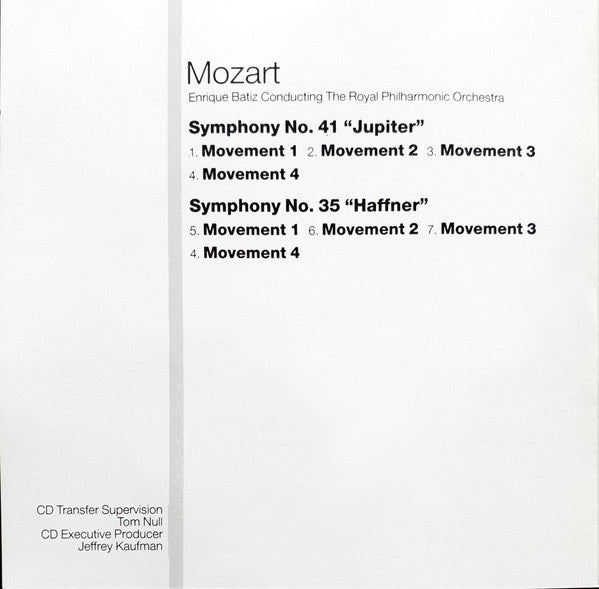 Wolfgang Amadeus Mozart, Enrique Batiz, Royal Philharmonic Orchestra : Symphony No. 41 "Jupiter" & Symphony No. 35 "Haffner" (CD, Album)
