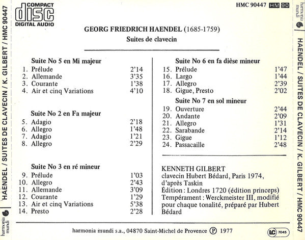 Georg Friedrich Händel, Kenneth Gilbert : Suites Pour Clavecin (CD, Album)