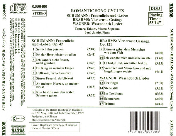 Schumann*, Brahms*, Wagner* / Tamara Takács, Jenö Jandó : Romantic Song Cycles (CD)