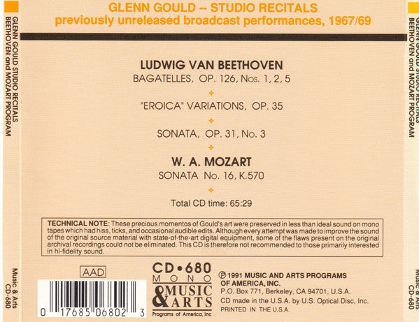 Glenn Gould : Studio Recitals - 1967/69 Broadcasts - Previously Unreleased (CD, Album)
