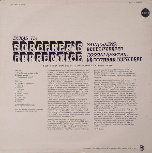 Dukas*, Saint-Saëns*, Rossini*, Respighi* - The Scottish National Orchestra* Conducted By Alexander Gibson : The Sorcerer's Apprentice (LP, Album, Club, RE)