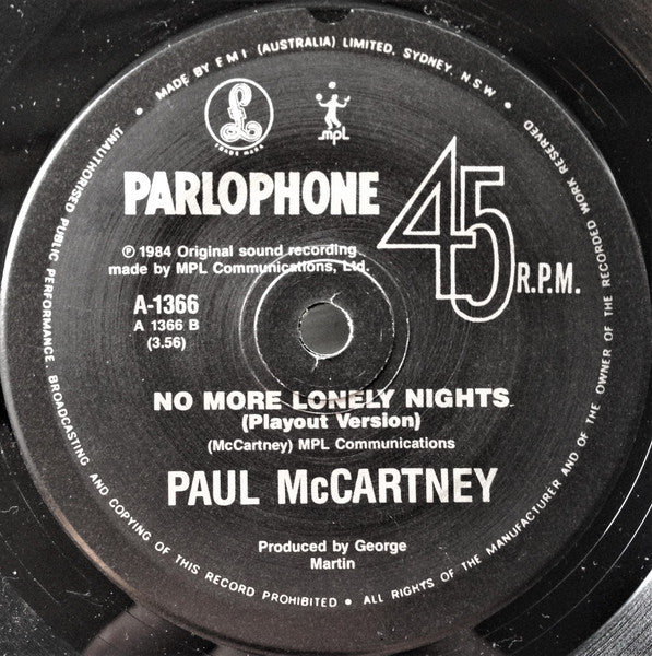 Paul McCartney : No More Lonely Nights (7", Single, Gen)