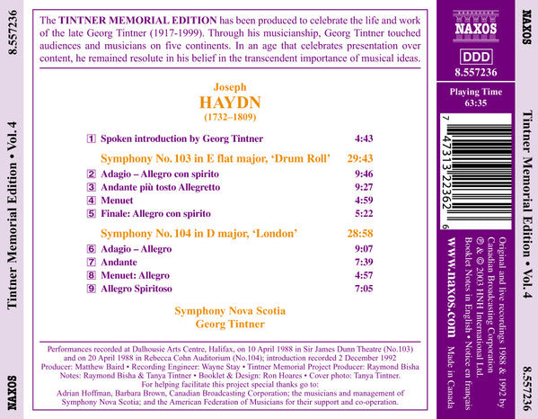 Joseph Haydn, Symphony Nova Scotia, Georg Tintner : Symphonies Nos. 103 'Drum Roll' And 104 'London' (CD, Album)