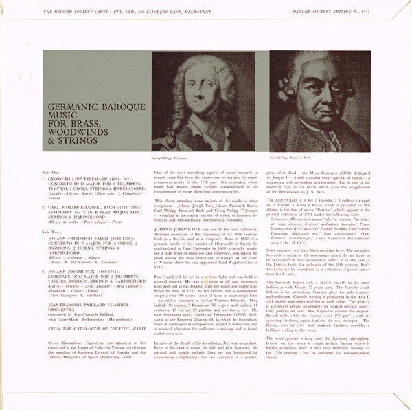 Georg Philipp Telemann / Carl Philipp Emanuel Bach / Johann Friedrich Fasch / Johann Joseph Fux - Orchestre De Chambre Jean-François Paillard : Germanic Baroque Music For Brass, Woodwinds & Strings (LP, Album, Mono, Club, Gat)
