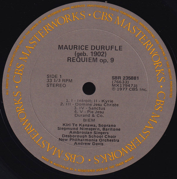 Maurice Duruflé - Kiri Te Kanawa / Siegmund Nimsgern / The Ambrosian Singers / Desborough School Choir / Andrew Davis / New Philharmonia Orchestra : Requiem / Danse Lente (LP, Album)