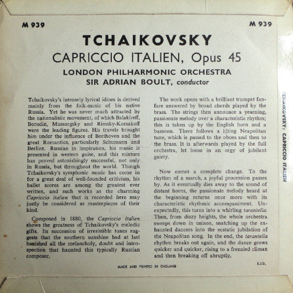 Tchaikovsky* - Orchestre Philharmonique De Londres* Direction: Sir Adrian Boult : Capriccio Italien (7", Mono, Blu)