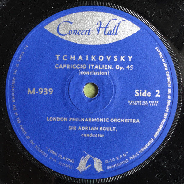 Tchaikovsky* - Orchestre Philharmonique De Londres* Direction: Sir Adrian Boult : Capriccio Italien (7", Mono, Blu)