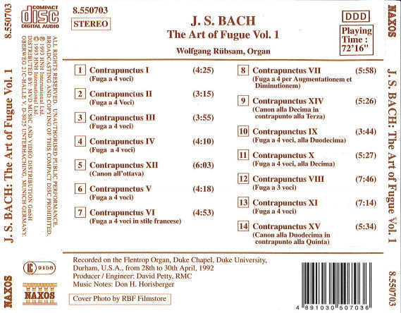 J. S. Bach* - Wolfgang Rübsam (2) : The Art Of Fugue, Vol. 1 (CD)