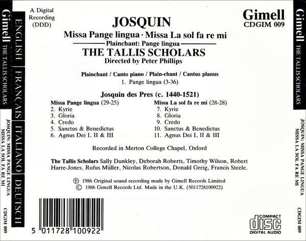 Josquin* - The Tallis Scholars, Peter Phillips (2) : Missa Pange Lingua ∙ Missa La Sol Fa Re Mi ∙ Plainchant: Pange Lingua (CD)