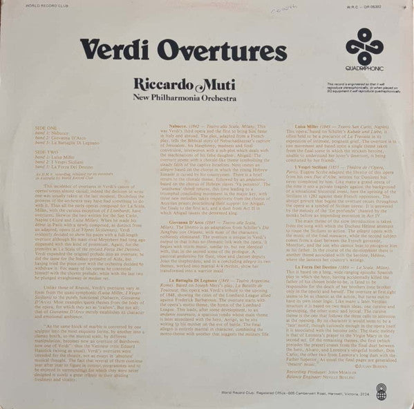 Verdi* • Riccardo Muti Conducts The New Philharmonia Orchestra* : Verdi Overtures (LP, Album, Quad, Club)