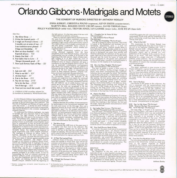 Orlando Gibbons - The Consort Of Musicke Directed By Anthony Rooley : The Complete Madrigals and Motets Of 1612 (LP, Album, Club)
