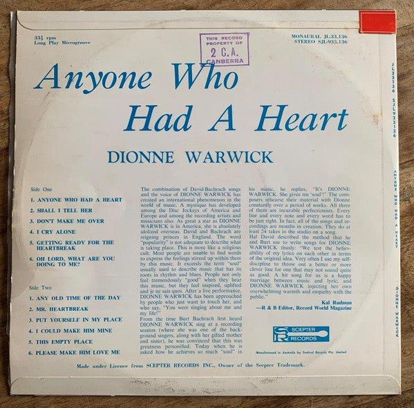 Dionne Warwick : Anyone Who Had A Heart (LP, Album, Mono)