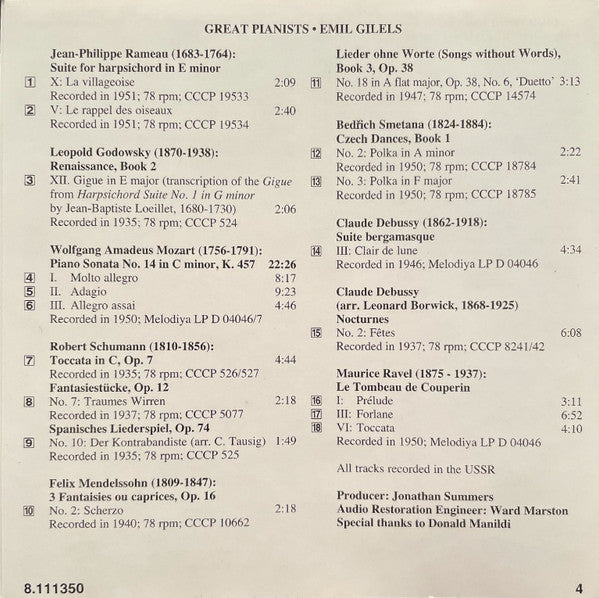 Emil Gilels - Rameau* / Mozart* / Schumann* / Smetana* / Debussy* / Ravel* : Early Recordings • 1 / 1935-1951 (CD, Comp, RM)