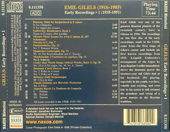 Emil Gilels - Rameau* / Mozart* / Schumann* / Smetana* / Debussy* / Ravel* : Early Recordings • 1 / 1935-1951 (CD, Comp, RM)