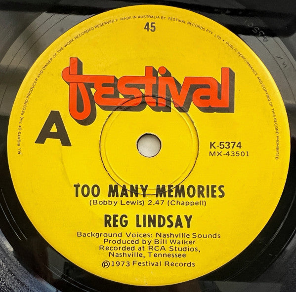 Reg Lindsay : Too Many Memories (7", Single)