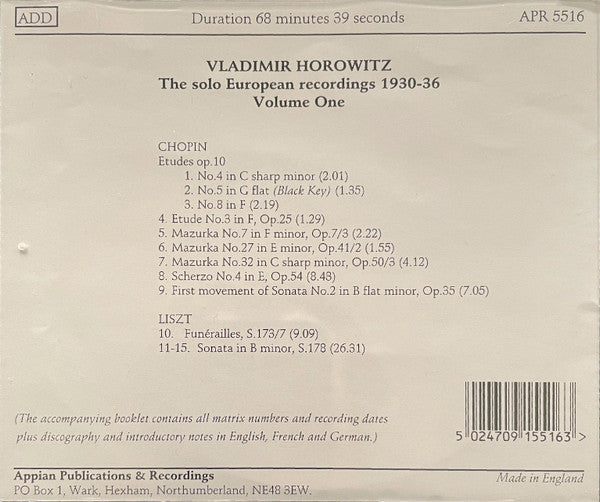 Vladimir Horowitz - Liszt* / Chopin* : The Solo European Recordings 1930-36 Volume One - Liszt Sonata & Funérailles / Chopin Etudes, Mazurkas, Scherzo No. 4 & An Unpublished Sonata No. 2 First Movement (CD, Comp, Mono, RM)