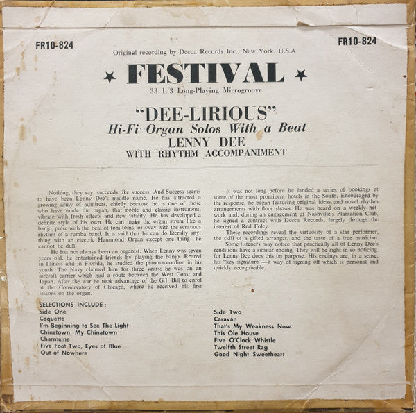 Lenny Dee (2) : Dee-Lirious! (10", Album, Mono)
