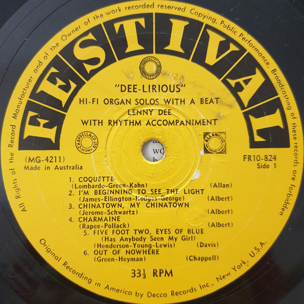 Lenny Dee (2) : Dee-Lirious! (10", Album, Mono)