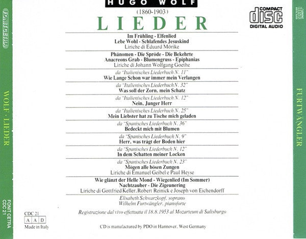 Hugo Wolf - Wilhelm Furtwängler, Elisabeth Schwarzkopf : Lieder (CD, Album, Mono)