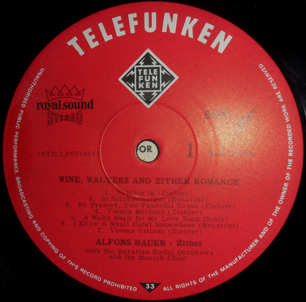 Alfons Bauer : Wine, Waltzes And Zither Romance (Die Zither, Der Walzer Und Der Wein) (LP, Comp)