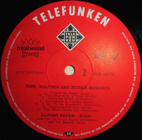 Alfons Bauer : Wine, Waltzes And Zither Romance (Die Zither, Der Walzer Und Der Wein) (LP, Comp)