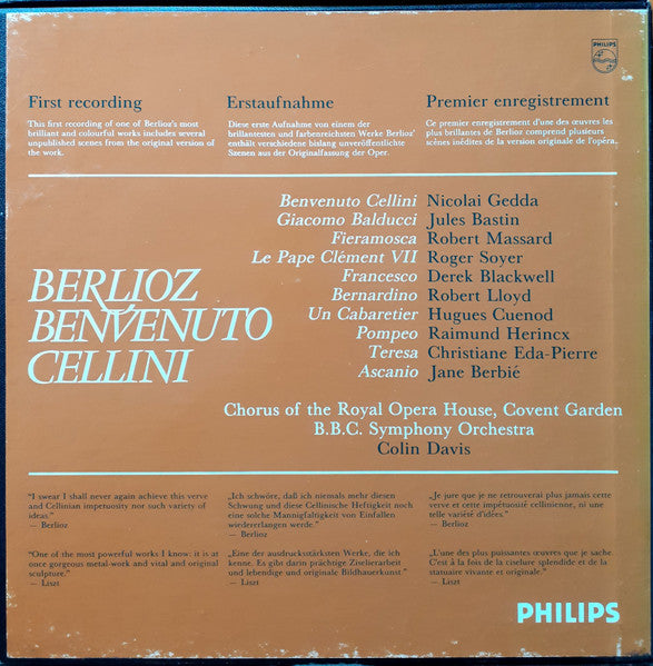 Berlioz* - Gedda*, Eda-Pierre*, Bastin*, Berbié*, Soyer*, Massard*, Colin Davis* : Benvenuto Cellini (4xLP + Box)