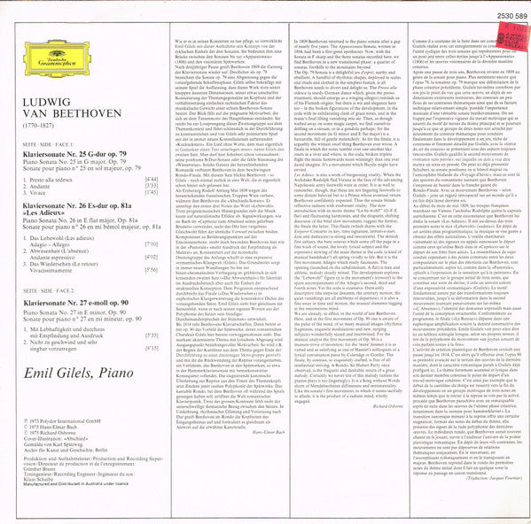 Ludwig van Beethoven, Emil Gilels : Klaviersonaten • Piano Sonatas "Les Adieux" Op. 81a • Op. 79 • Op. 90 (LP, Album, Club, RE)