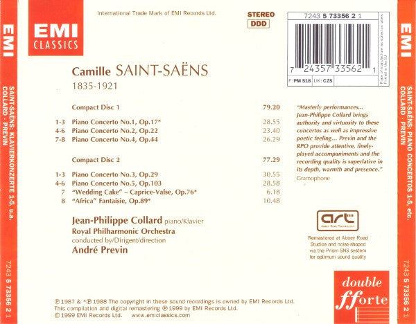 Camille Saint-Saëns - Jean-Philippe Collard, Royal Philharmonic Orchestra, André Previn : Piano Concertos 1-5; "Wedding Cake" - Caprice-Valse; "Africa" Fantaisie (2xCD, Comp, RM)