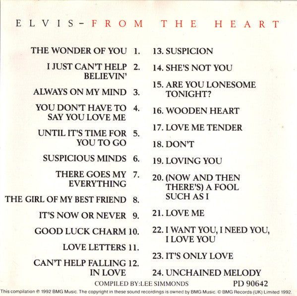 Elvis Presley : From The Heart (His Greatest Love Songs) (CD, Comp, Mono, RM)