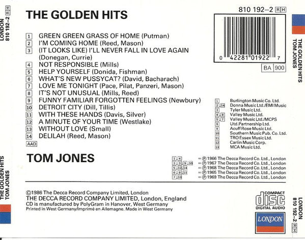 Tom Jones : The Golden Hits (CD, Comp, RE)