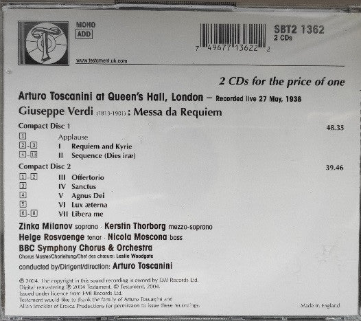 Giuseppe Verdi, Arturo Toscanini, Zinka Milanov, Kerstin Thorborg, Helge Roswaenge, BBC Choral Society, BBC Symphony Orchestra : Messa Da Requiem  (2xCD, Comp, Mono + Box)