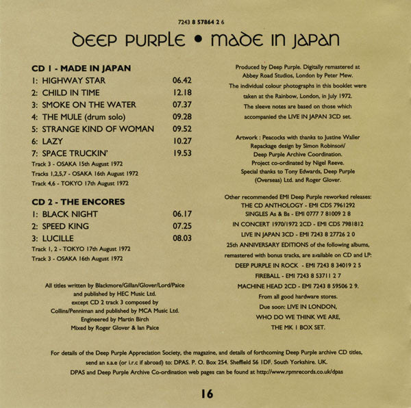 Deep Purple : Made In Japan (2xCD, Album, RE, RM)
