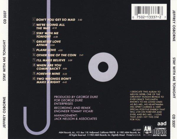 Jeffrey Osborne : Stay With Me Tonight (CD, Album, RE, RP)