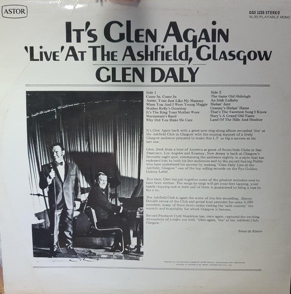 Glen Daly : It's Glen Again 'Live' At The Ashfield, Glasgow (LP, Album)