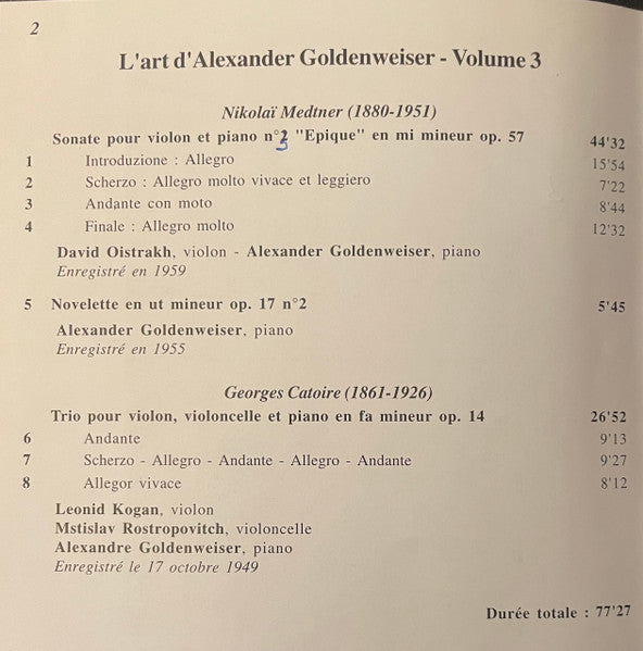 Nikolai Medtner / Georgy Catoire - Alexander Goldenweiser : Alexandre Goldenweiser (Volume III) (CD, Comp, RE)