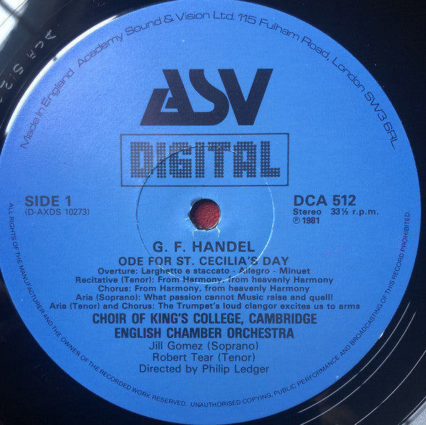 Jill Gomez / Robert Tear, Choir Of King's College Cambridge* / English Chamber Orchestra / Philip Ledger, G. F. Handel* : Ode For St. Cecilia's Day (LP, Album)