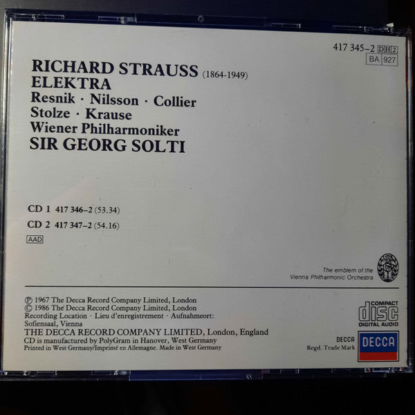 Richard Strauss - Birgit Nilsson • Regina Resnik • Marie Collier • Tom Krause • Georg Solti • Wiener Philharmoniker : Elektra (2xCD, Album + Box, RE)