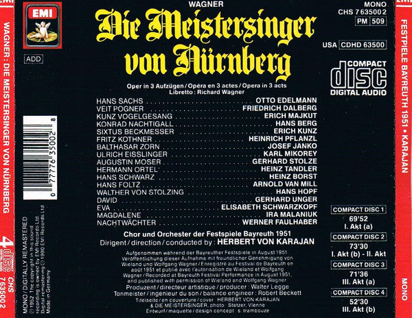 Richard Wagner - Elisabeth Schwarzkopf · Otto Edelmann · Erich Kunz · Hans Hopf · Chor der Bayreuther Festspiele Und Orchester der Bayreuther Festspiele · Herbert Von Karajan : Die Meistersinger Von Nürnberg (4xCD, Album, Mono, RE)