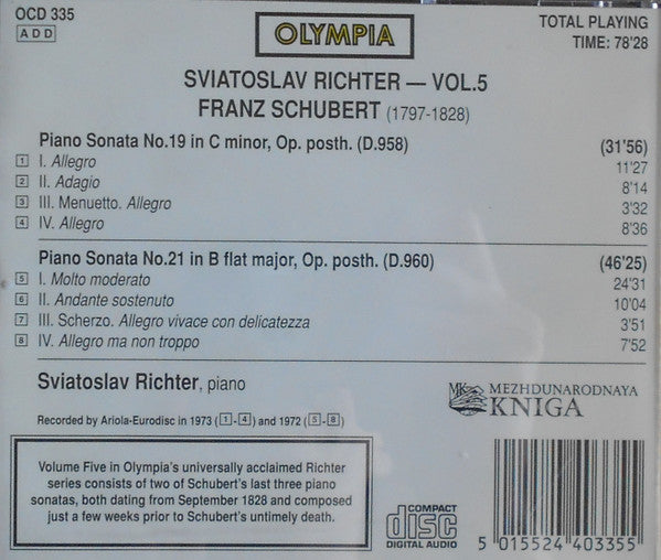 Franz Schubert, Sviatoslav Richter : Piano Sonata No. 19 In C Minor, Piano Sonata No. 21 In B Flat Major Vol. 5 (CD)